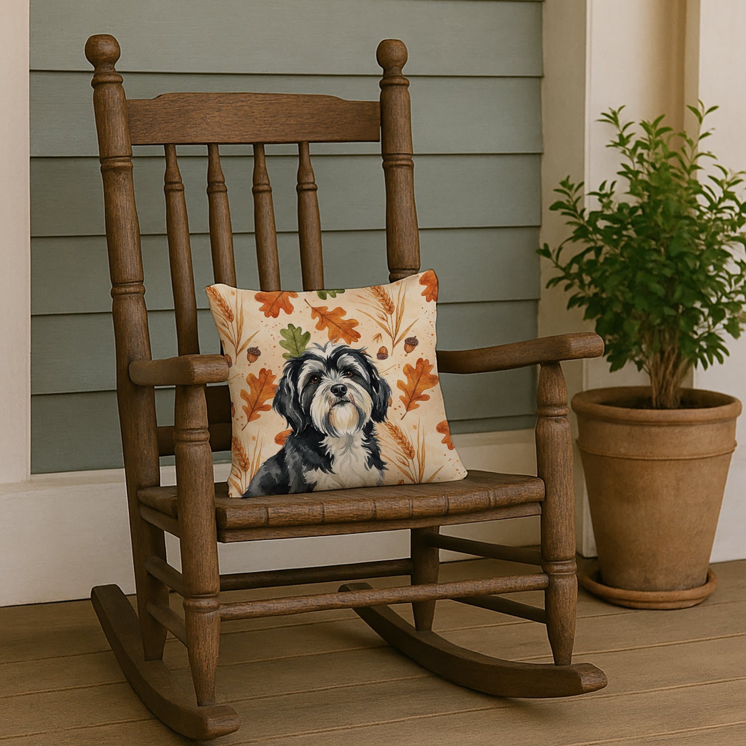 Black and White Tibetan Terrier Heirloom Fall Decorative Throw Pillow 14x14 Indoor Outdoor Accent Cushion, Fabric Cover with Insert for Sofa, Bed, Porch & Living Room
