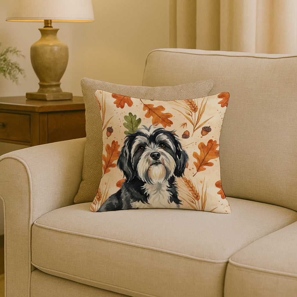 Black and White Tibetan Terrier Heirloom Fall Decorative Throw Pillow 18x18 Indoor Outdoor Accent Cushion, Fabric Cover with Insert for Sofa, Bed, Porch & Living Room