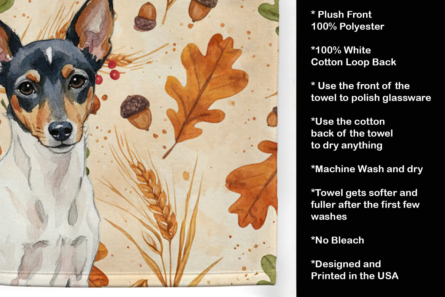 Toy Fox Terrier Heirloom Fall Kitchen Towel Velour Plush Front and Cotton Loop Back Machine Washable