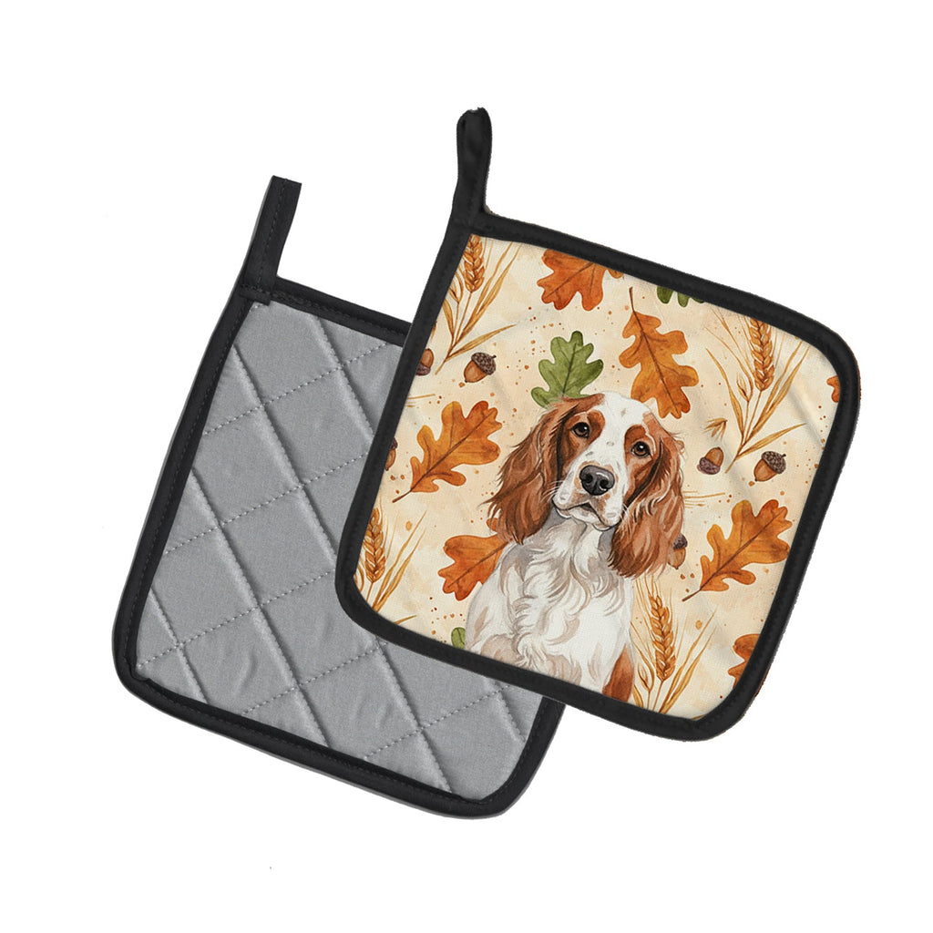 Welsh Springer Spaniel Heirloom Fall Pot Holder Set of 2 Heat Resistant Quilted Hot Pads 7.5 x 7.5 Inch, Insulated Kitchen Trivets for Cooking & Baking