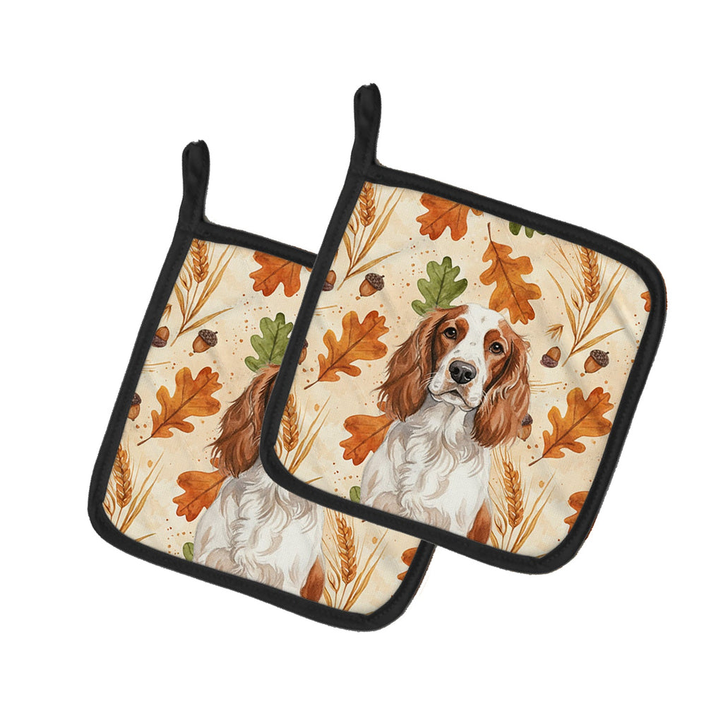 Welsh Springer Spaniel Heirloom Fall Pot Holder Set of 2 Heat Resistant Quilted Hot Pads 7.5 x 7.5 Inch, Insulated Kitchen Trivets for Cooking & Baking