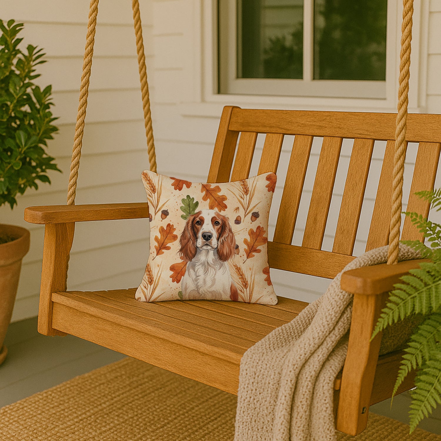 Welsh Springer Spaniel Heirloom Fall Decorative Throw Pillow 14x14 Indoor Outdoor Accent Cushion, Fabric Cover with Insert for Sofa, Bed, Porch & Living Room