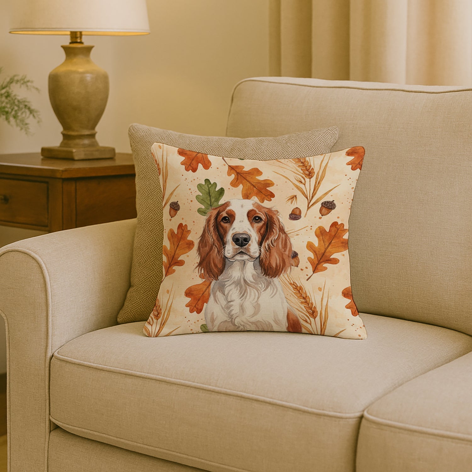 Welsh Springer Spaniel Heirloom Fall Decorative Throw Pillow 18x18 Indoor Outdoor Accent Cushion, Fabric Cover with Insert for Sofa, Bed, Porch & Living Room