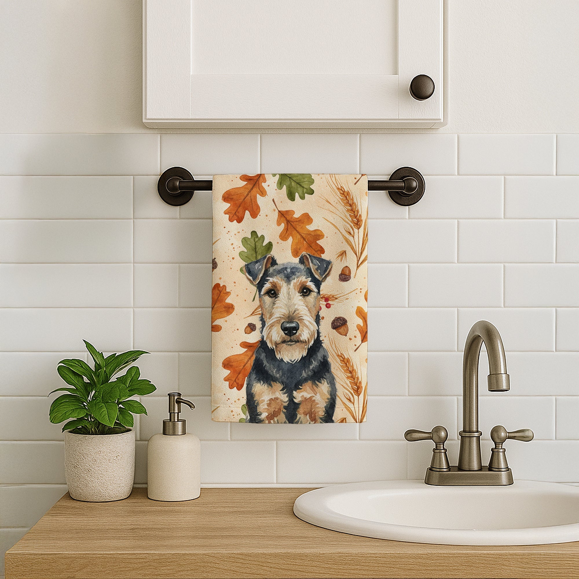 Welsh Terrier Heirloom Fall Kitchen Towel Velour Plush Front and Cotton Loop Back Machine Washable