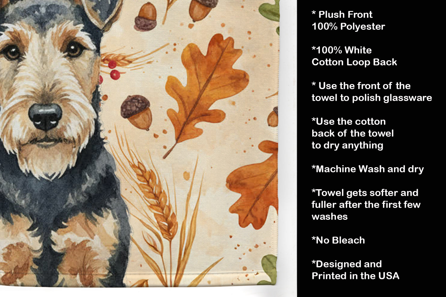 Welsh Terrier Heirloom Fall Kitchen Towel Velour Plush Front and Cotton Loop Back Machine Washable