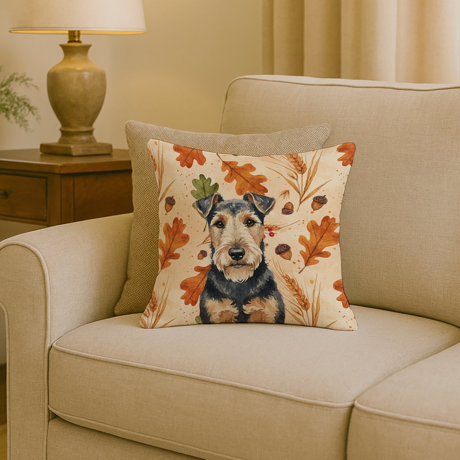 Welsh Terrier Heirloom Fall Decorative Throw Pillow 18x18 Indoor Outdoor Accent Cushion, Fabric Cover with Insert for Sofa, Bed, Porch & Living Room