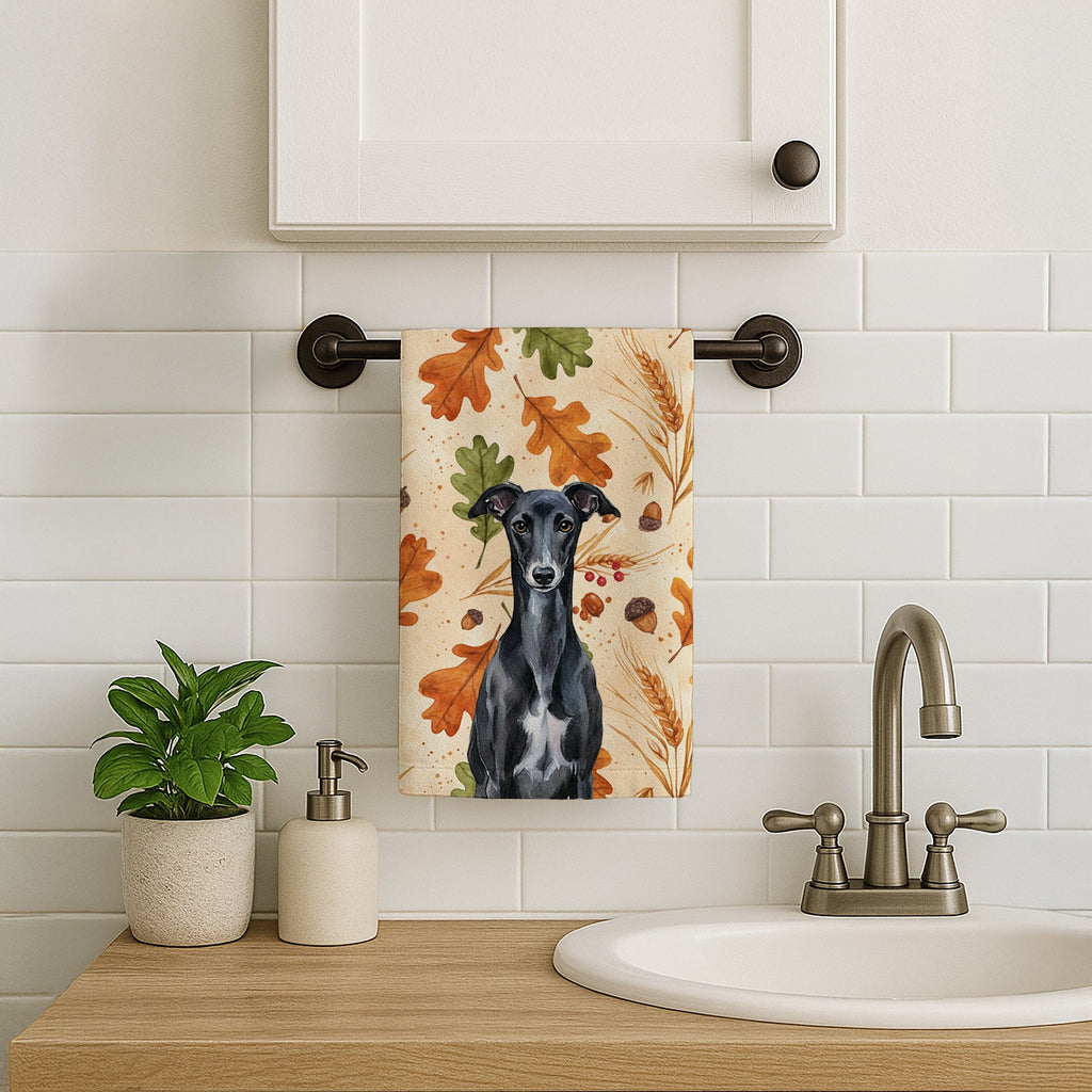 Black Whippet Heirloom Fall Kitchen Towel Velour Plush Front and Cotton Loop Back Machine Washable