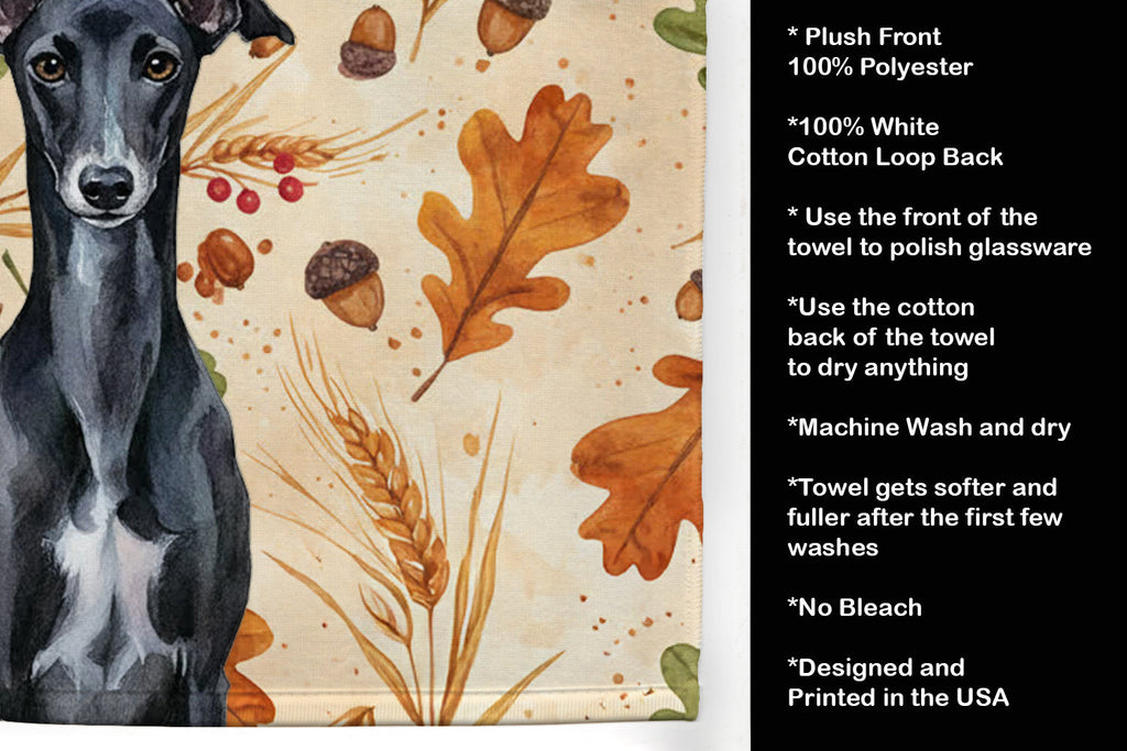 Black Whippet Heirloom Fall Kitchen Towel Velour Plush Front and Cotton Loop Back Machine Washable