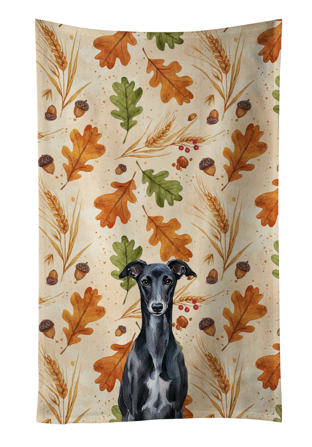 Black Whippet Heirloom Fall Kitchen Towel Velour Plush Front and Cotton Loop Back Machine Washable