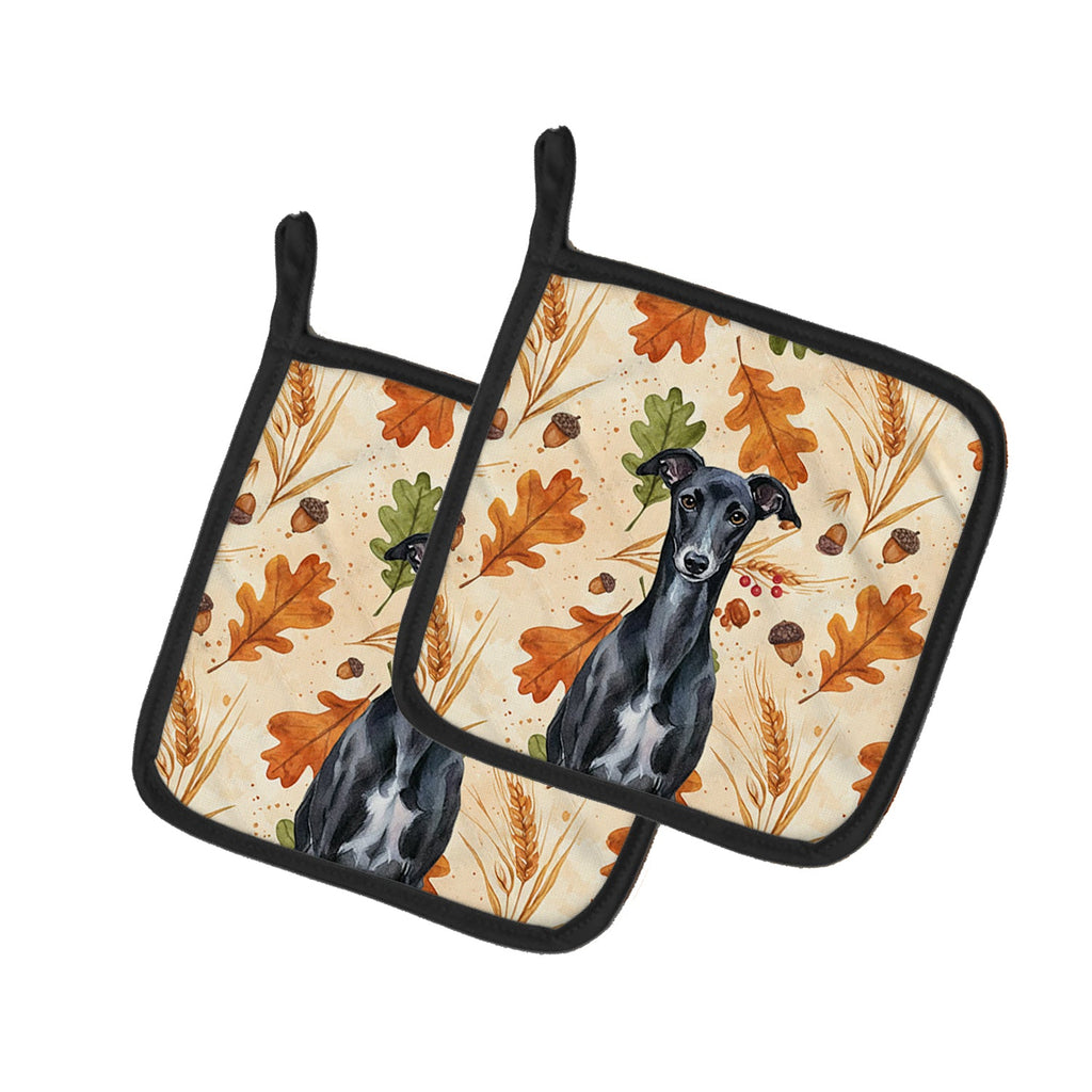 Black Whippet Heirloom Fall Pot Holder Set of 2 Heat Resistant Quilted Hot Pads 7.5 x 7.5 Inch, Insulated Kitchen Trivets for Cooking & Baking
