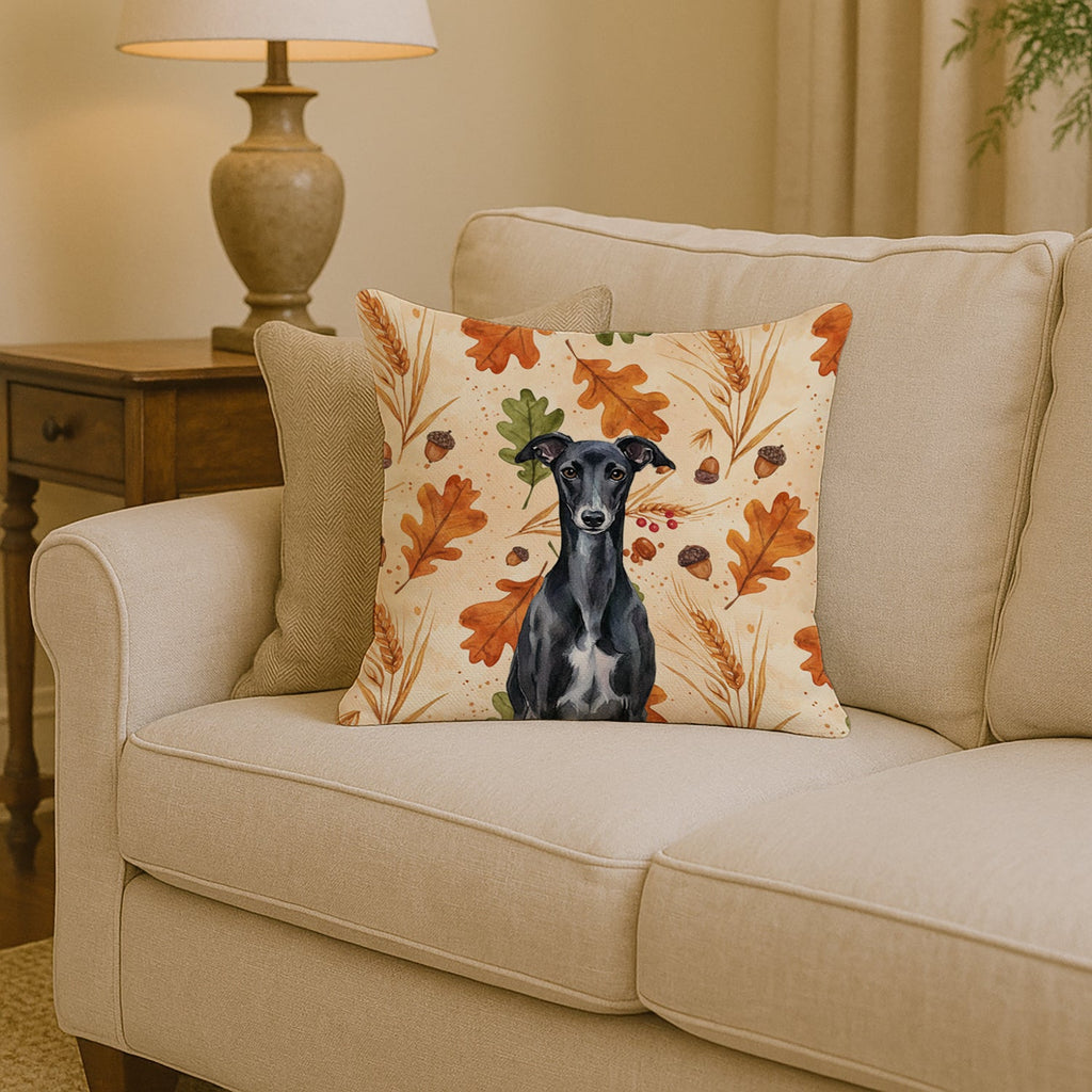 Black Whippet Heirloom Fall Decorative Throw Pillow 14x14 Indoor Outdoor Accent Cushion, Fabric Cover with Insert for Sofa, Bed, Porch & Living Room