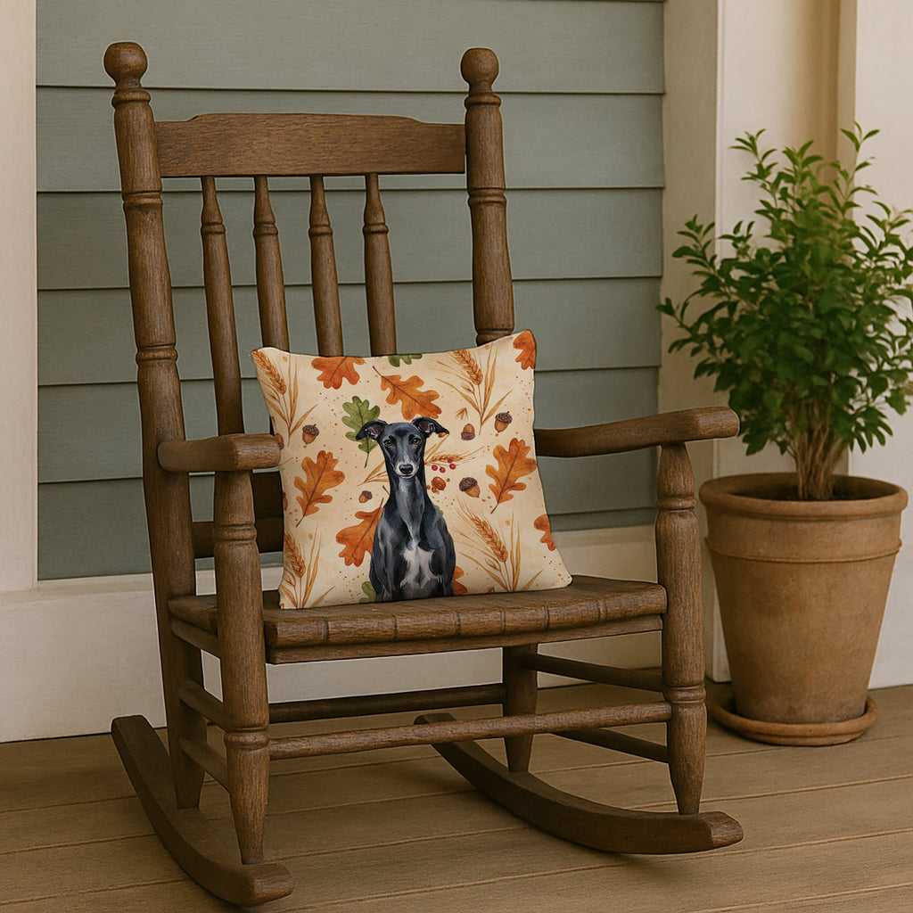 Black Whippet Heirloom Fall Decorative Throw Pillow 14x14 Indoor Outdoor Accent Cushion, Fabric Cover with Insert for Sofa, Bed, Porch & Living Room