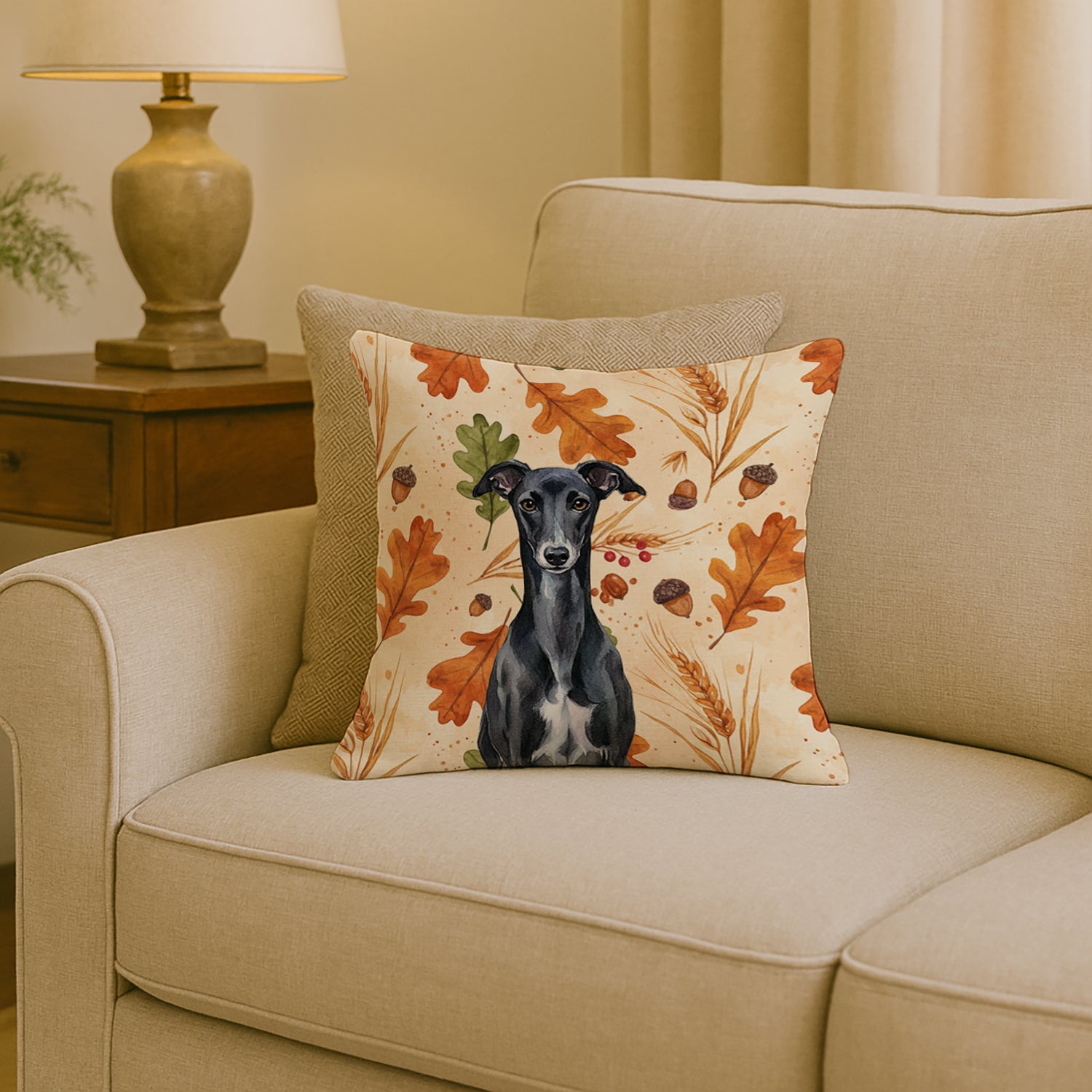 Black Whippet Heirloom Fall Decorative Throw Pillow 18x18 Indoor Outdoor Accent Cushion, Fabric Cover with Insert for Sofa, Bed, Porch & Living Room