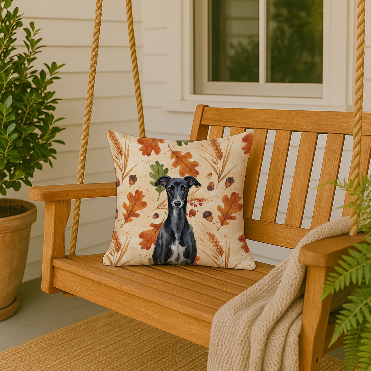 Black Whippet Heirloom Fall Decorative Throw Pillow 18x18 Indoor Outdoor Accent Cushion, Fabric Cover with Insert for Sofa, Bed, Porch & Living Room