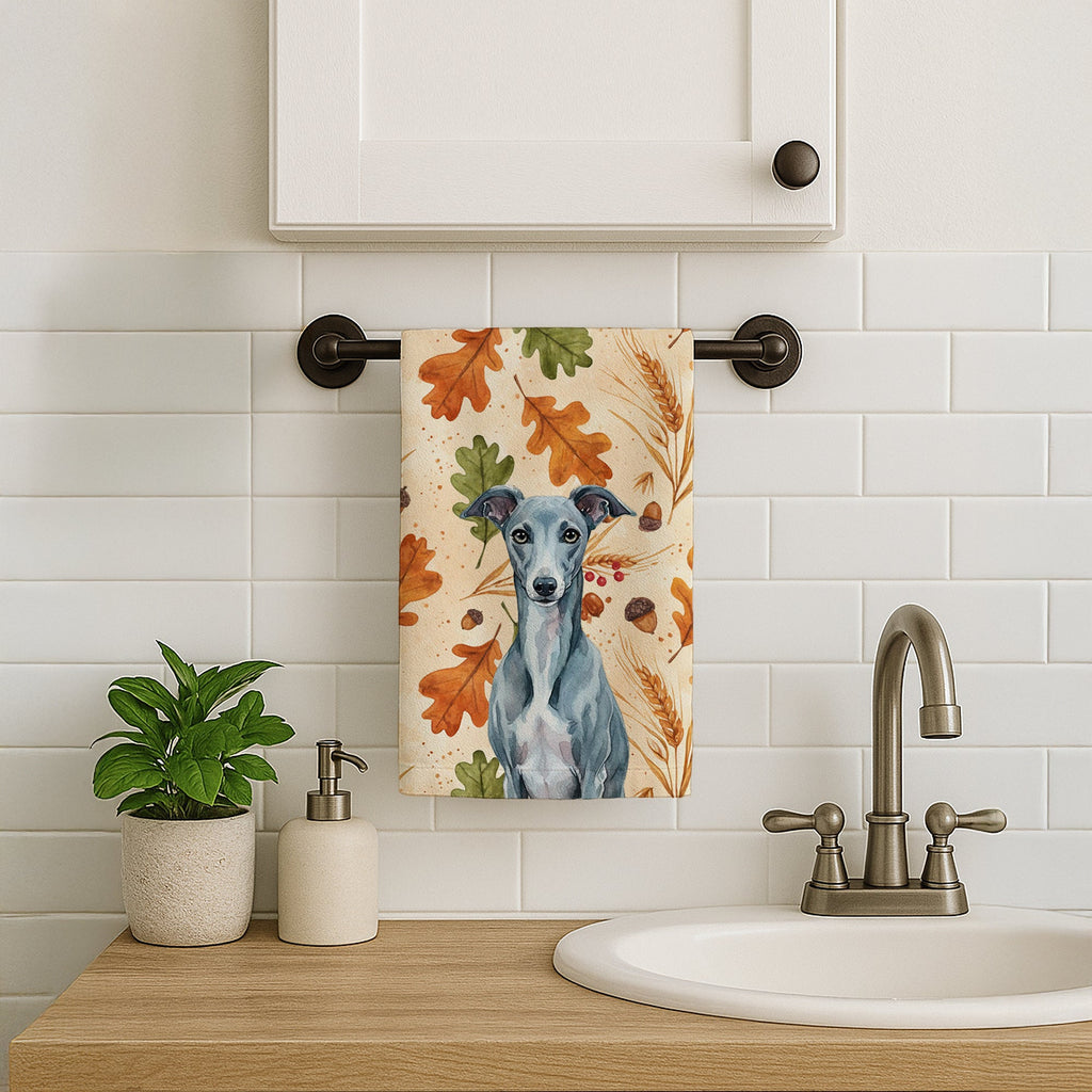 Blue Whippet Heirloom Fall Kitchen Towel Velour Plush Front and Cotton Loop Back Machine Washable