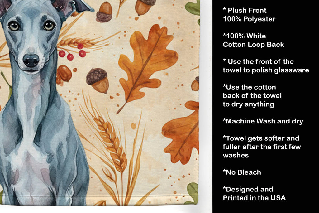 Blue Whippet Heirloom Fall Kitchen Towel Velour Plush Front and Cotton Loop Back Machine Washable