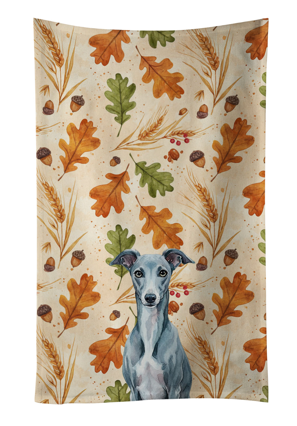 Blue Whippet Heirloom Fall Kitchen Towel Velour Plush Front and Cotton Loop Back Machine Washable