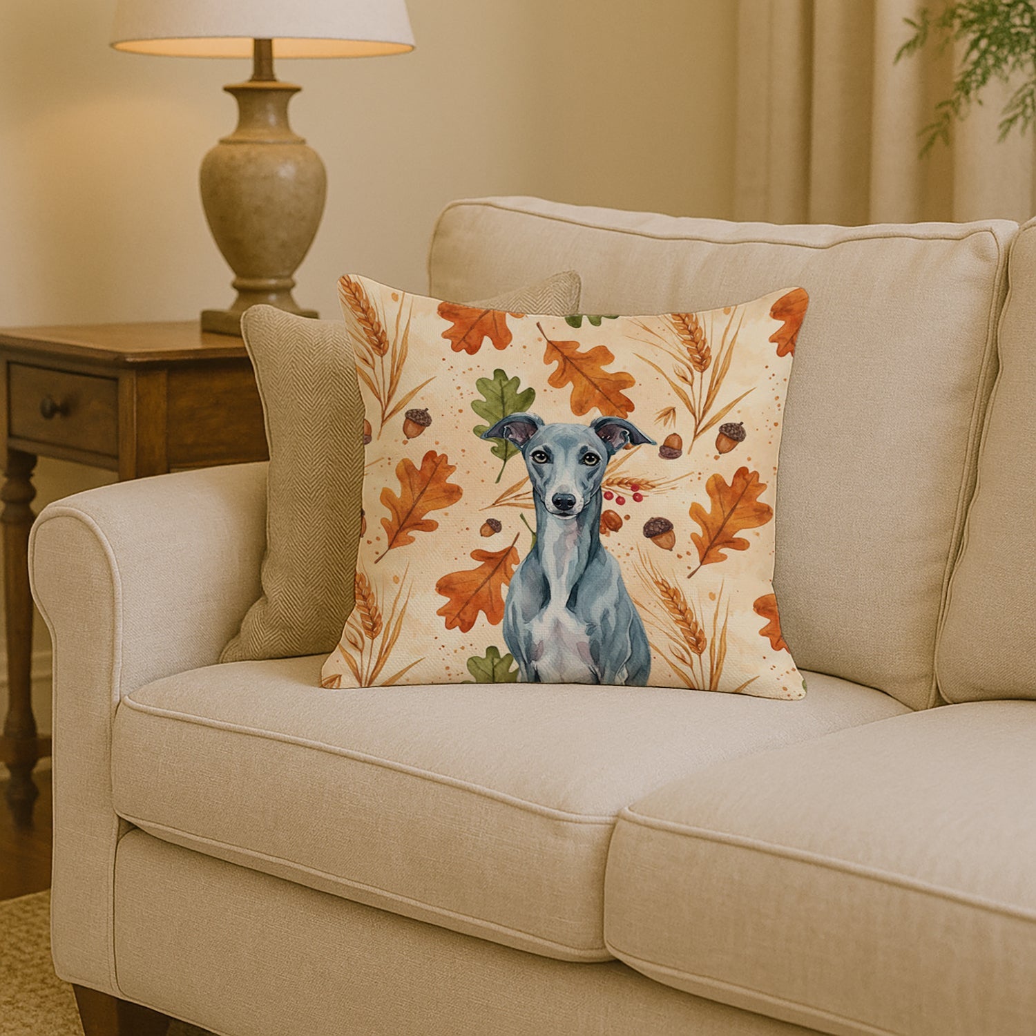 Blue Whippet Heirloom Fall Decorative Throw Pillow 14x14 Indoor Outdoor Accent Cushion, Fabric Cover with Insert for Sofa, Bed, Porch & Living Room