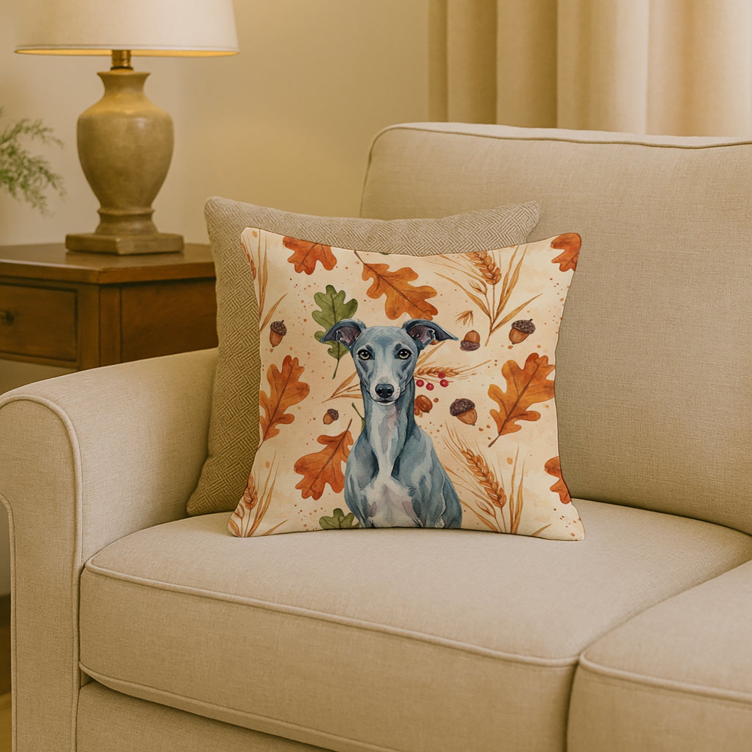 Blue Whippet Heirloom Fall Decorative Throw Pillow 18x18 Indoor Outdoor Accent Cushion, Fabric Cover with Insert for Sofa, Bed, Porch & Living Room