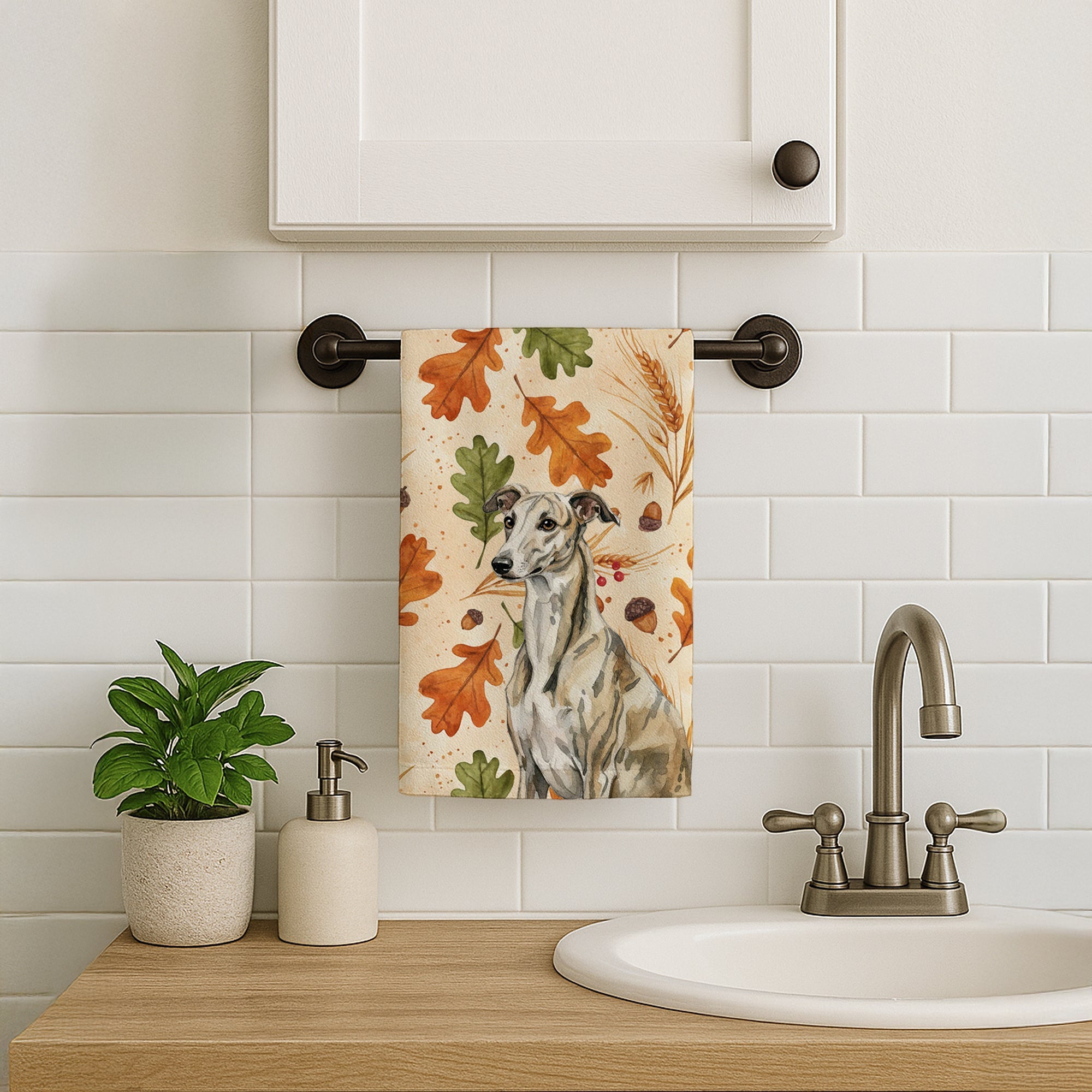 Brindle Whippet Heirloom Fall Kitchen Towel Velour Plush Front and Cotton Loop Back Machine Washable
