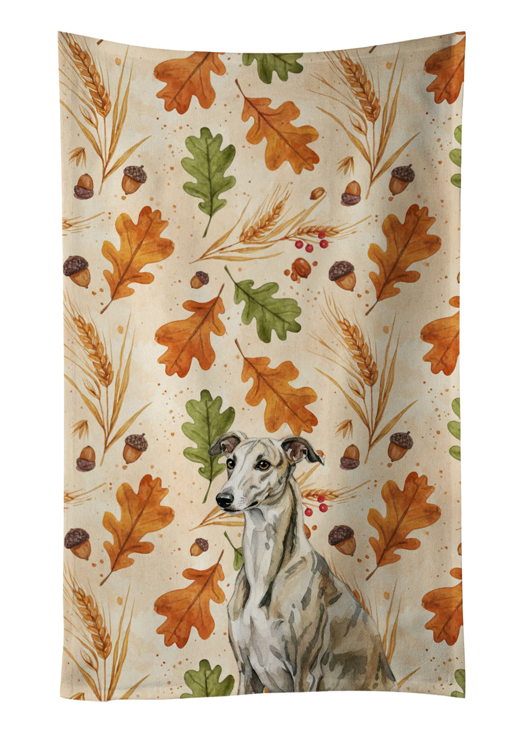 Brindle Whippet Heirloom Fall Kitchen Towel Velour Plush Front and Cotton Loop Back Machine Washable