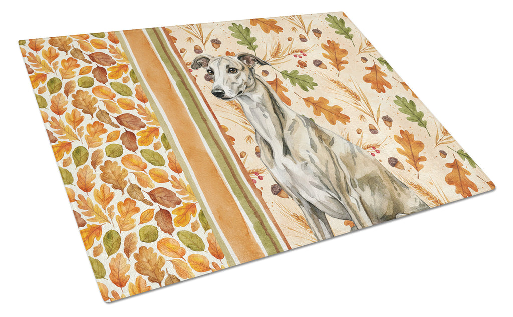 Brindle Whippet Heirloom Fall Cutting Board Tempered Glass Kitchen Cutting Surface, Heat Resistant Chopping, Non-Slip Feet, Food Prep & Serving