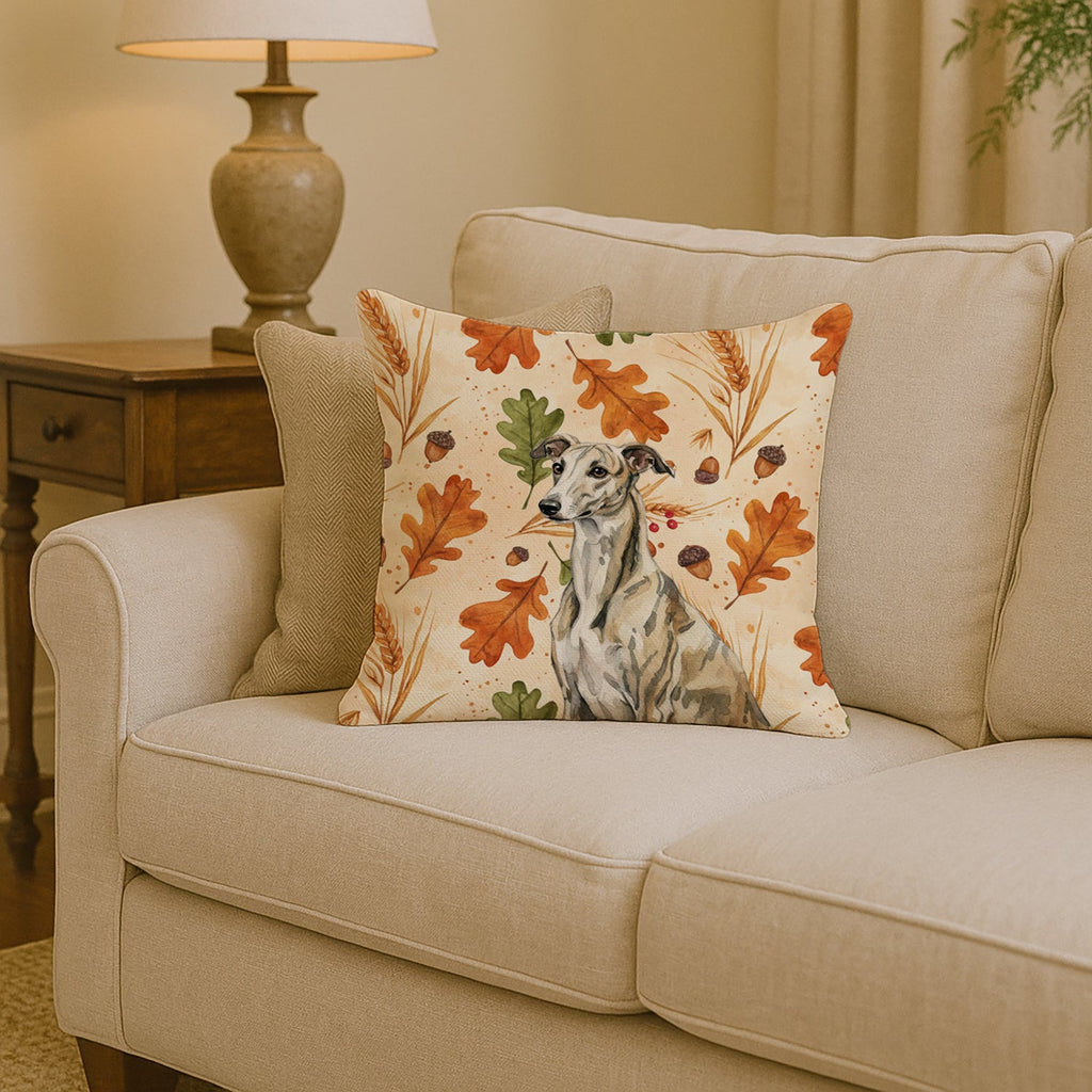 Brindle Whippet Heirloom Fall Decorative Throw Pillow 14x14 Indoor Outdoor Accent Cushion, Fabric Cover with Insert for Sofa, Bed, Porch & Living Room