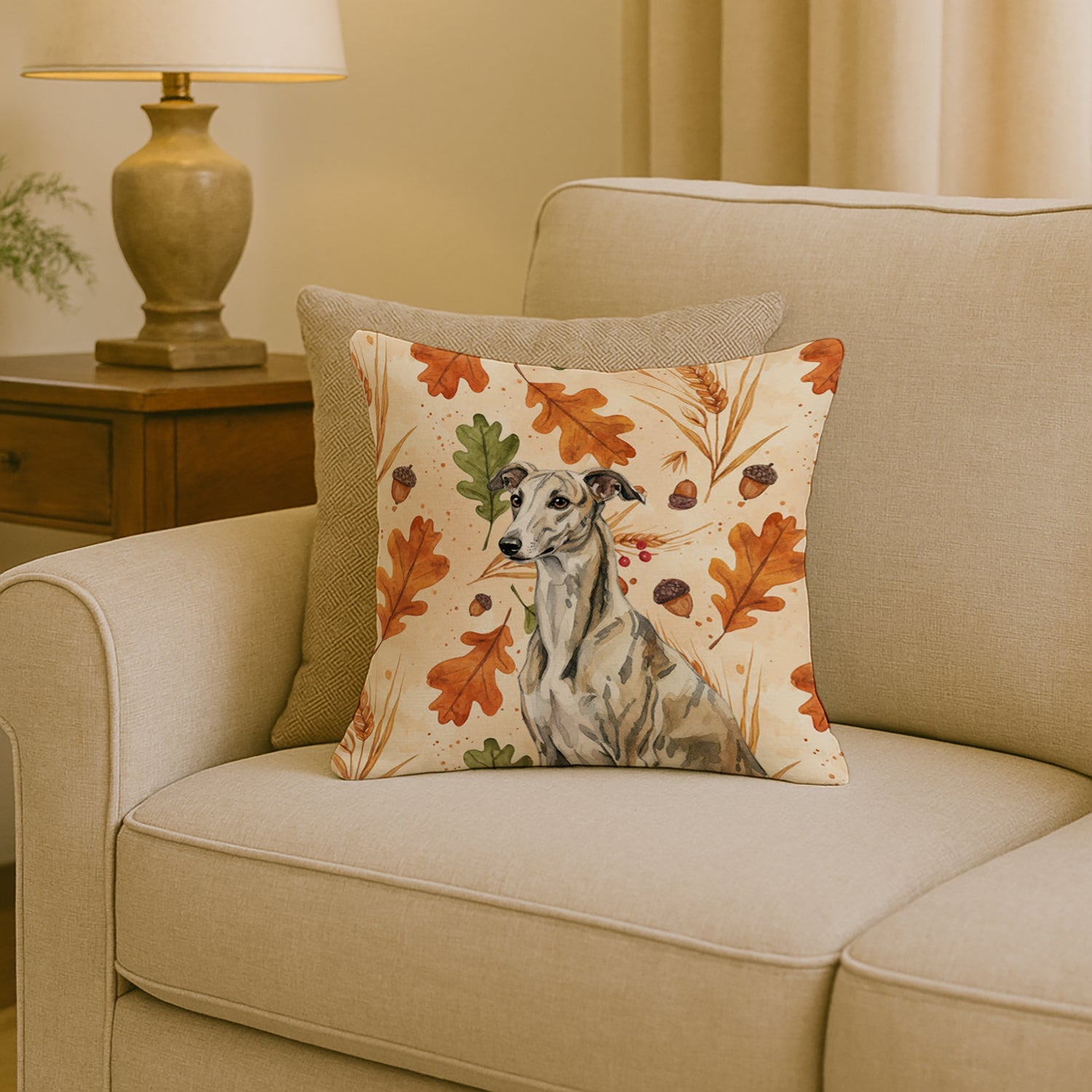 Brindle Whippet Heirloom Fall Decorative Throw Pillow 18x18 Indoor Outdoor Accent Cushion, Fabric Cover with Insert for Sofa, Bed, Porch & Living Room