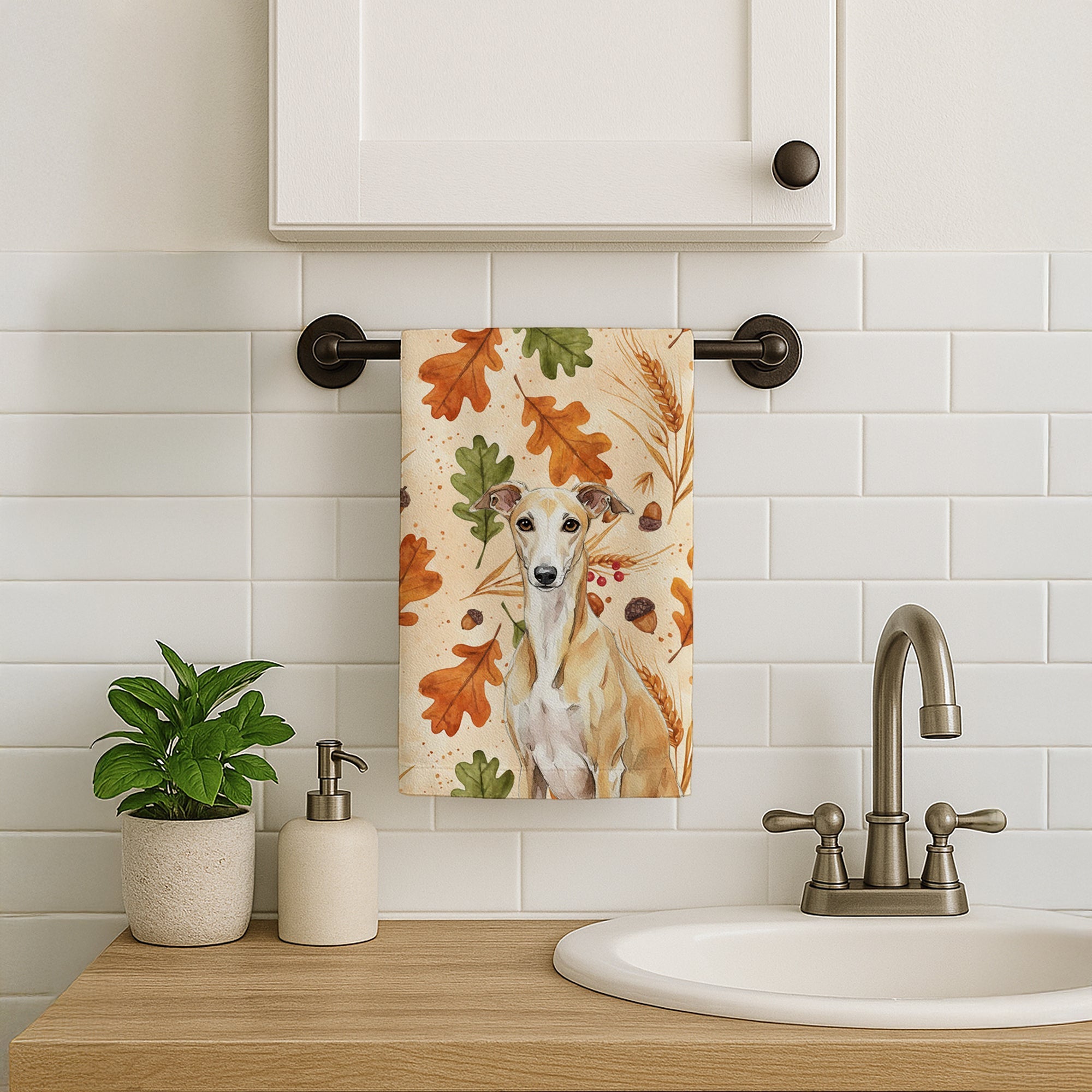 Fawn Whippet Heirloom Fall Kitchen Towel Velour Plush Front and Cotton Loop Back Machine Washable