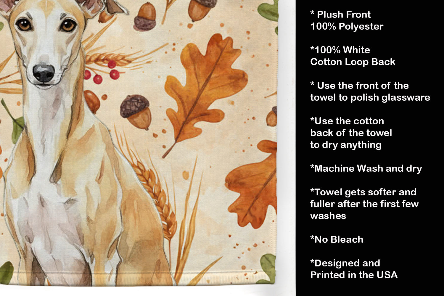 Fawn Whippet Heirloom Fall Kitchen Towel Velour Plush Front and Cotton Loop Back Machine Washable