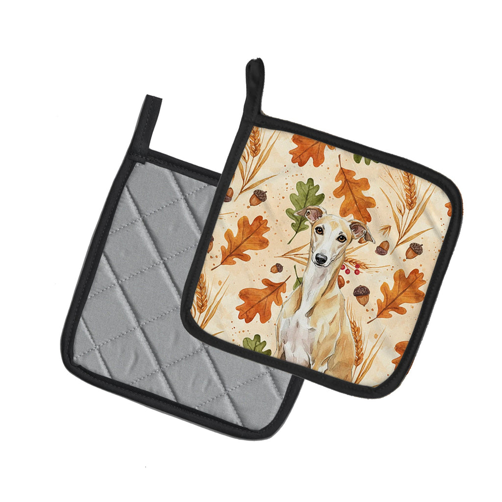 Fawn Whippet Heirloom Fall Pot Holder Set of 2 Heat Resistant Quilted Hot Pads 7.5 x 7.5 Inch, Insulated Kitchen Trivets for Cooking & Baking