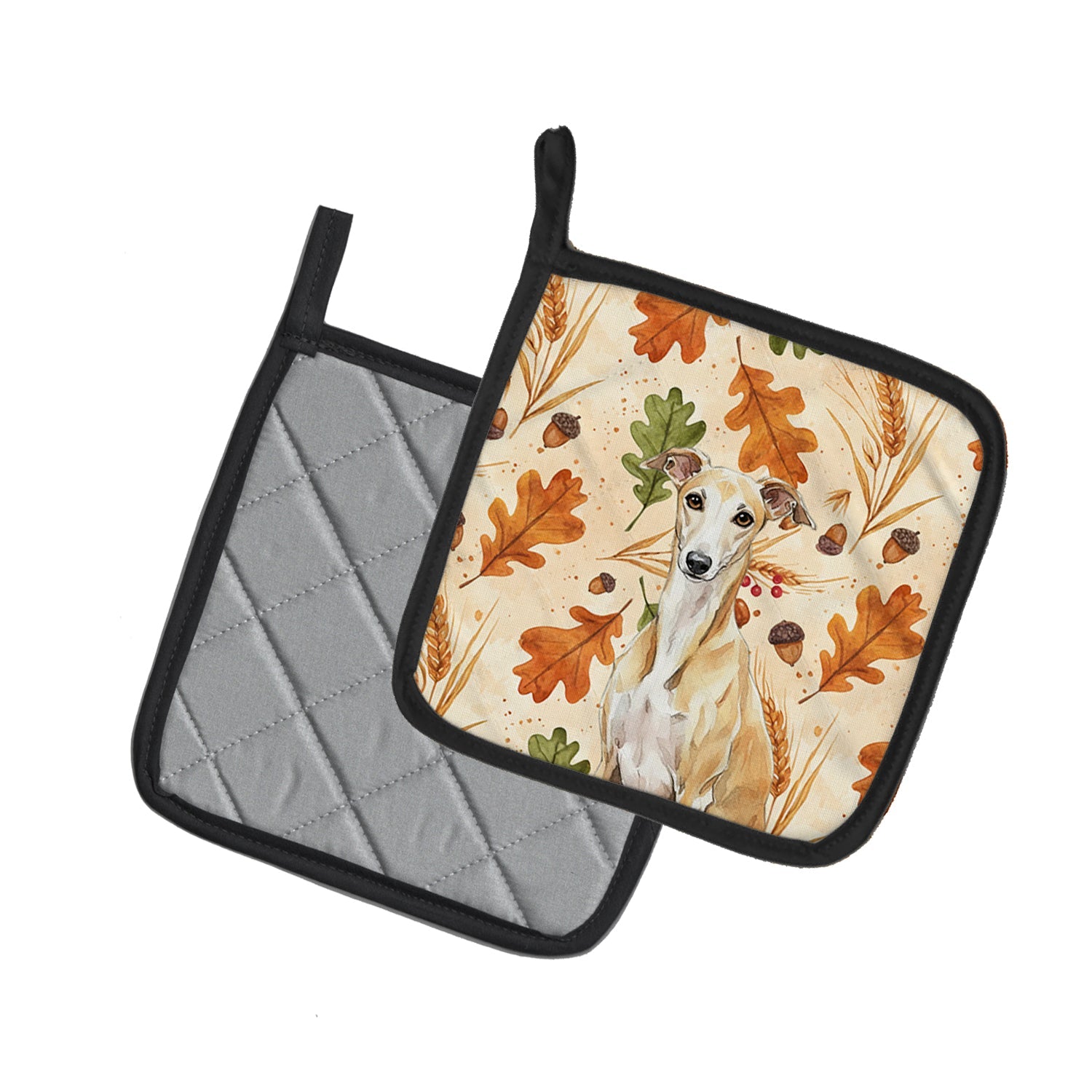 Fawn Whippet Heirloom Fall Pot Holder Set of 2 Heat Resistant Quilted Hot Pads 7.5 x 7.5 Inch, Insulated Kitchen Trivets for Cooking & Baking