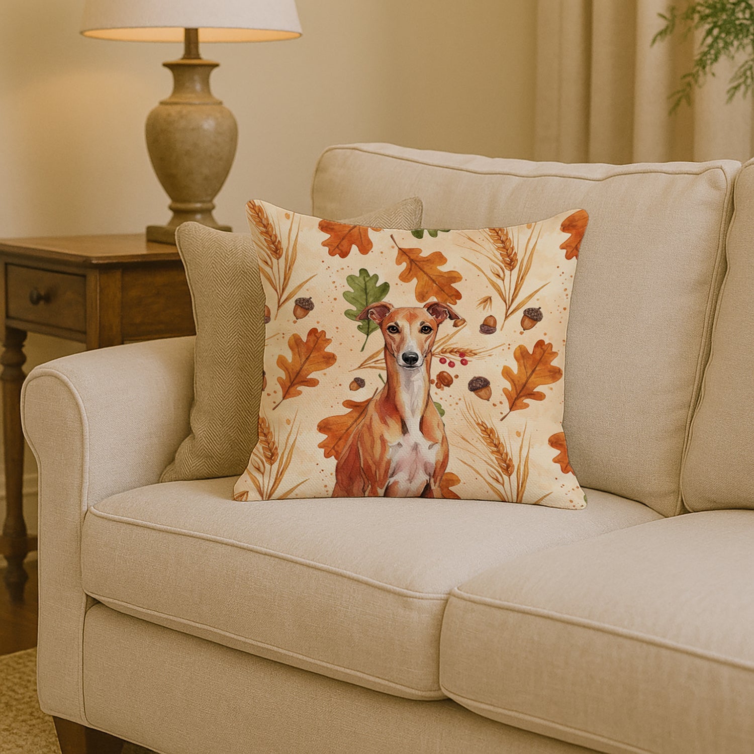 Red Whippet Heirloom Fall Decorative Throw Pillow 14x14 Indoor Outdoor Accent Cushion, Fabric Cover with Insert for Sofa, Bed, Porch & Living Room
