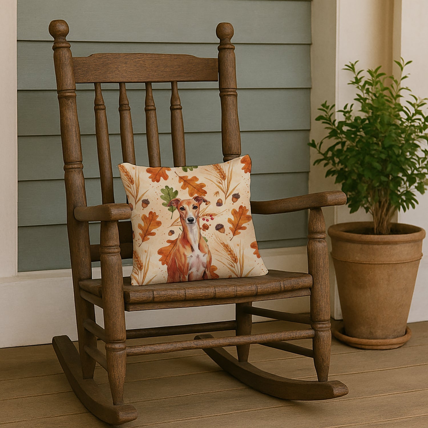 Red Whippet Heirloom Fall Decorative Throw Pillow 14x14 Indoor Outdoor Accent Cushion, Fabric Cover with Insert for Sofa, Bed, Porch & Living Room