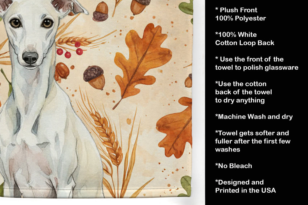 White Whippet Heirloom Fall Kitchen Towel Velour Plush Front and Cotton Loop Back Machine Washable