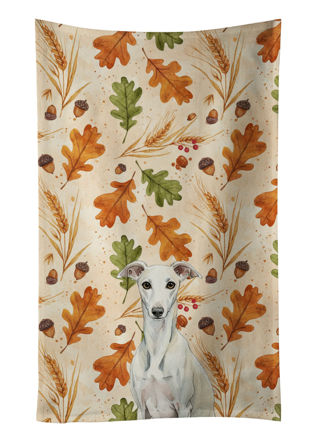 White Whippet Heirloom Fall Kitchen Towel Velour Plush Front and Cotton Loop Back Machine Washable