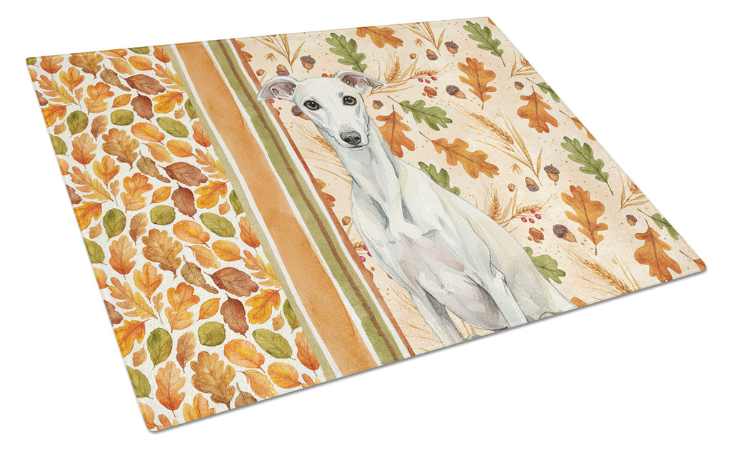 White Whippet Heirloom Fall Cutting Board Tempered Glass Kitchen Cutting Surface, Heat Resistant Chopping, Non-Slip Feet, Food Prep & Serving