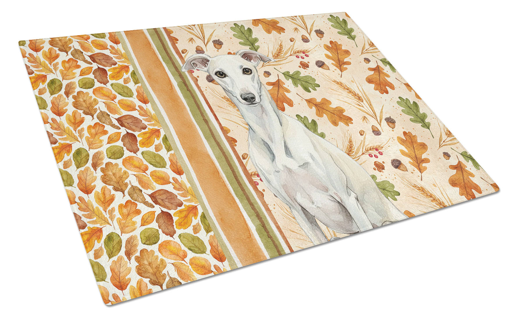 White Whippet Heirloom Fall Cutting Board Tempered Glass Kitchen Cutting Surface, Heat Resistant Chopping, Non-Slip Feet, Food Prep & Serving