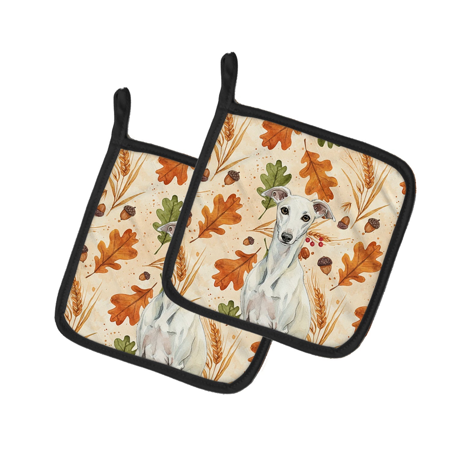 White Whippet Heirloom Fall Pot Holder Set of 2 Heat Resistant Quilted Hot Pads 7.5 x 7.5 Inch, Insulated Kitchen Trivets for Cooking & Baking