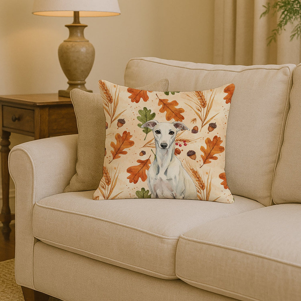 White Whippet Heirloom Fall Decorative Throw Pillow 14x14 Indoor Outdoor Accent Cushion, Fabric Cover with Insert for Sofa, Bed, Porch & Living Room