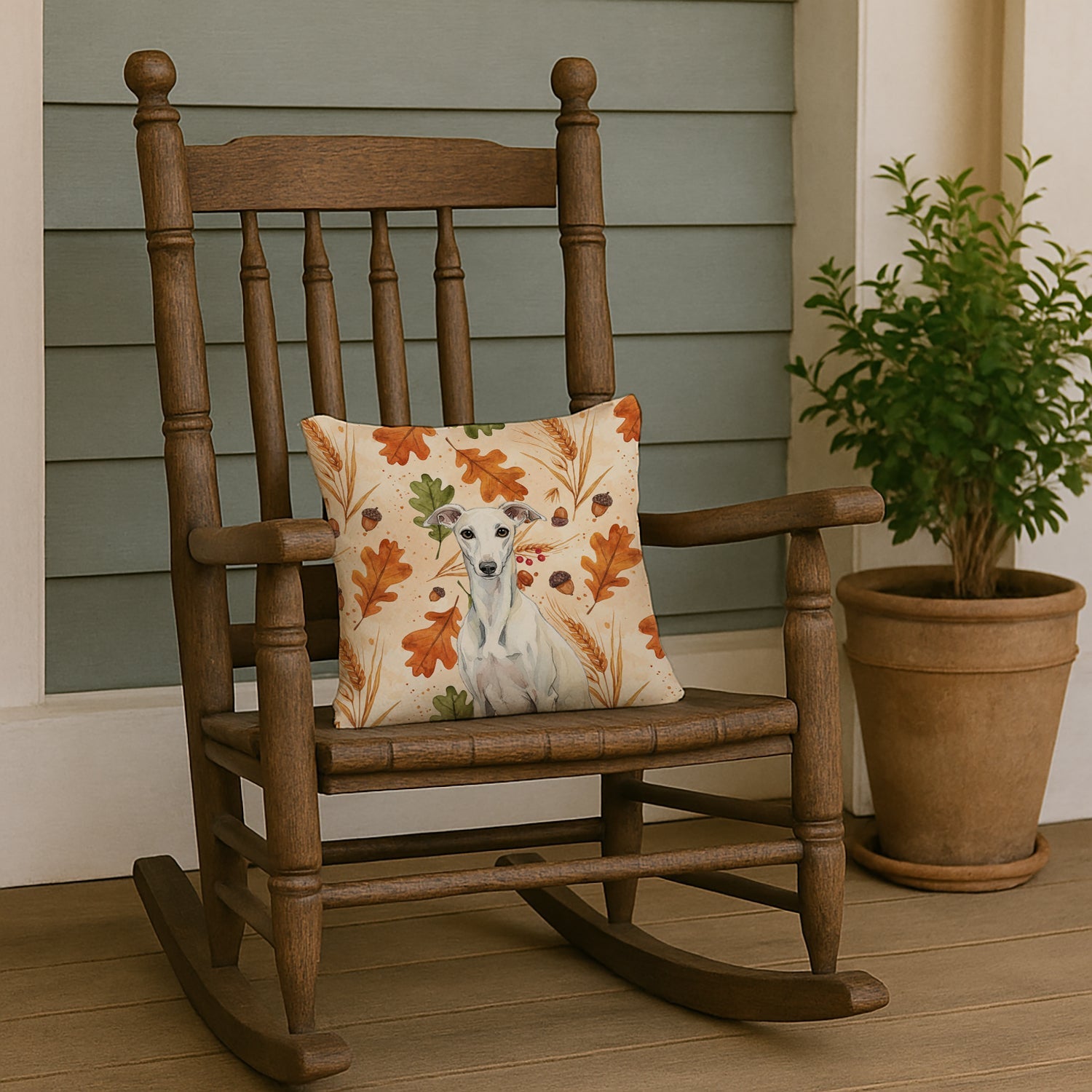 White Whippet Heirloom Fall Decorative Throw Pillow 14x14 Indoor Outdoor Accent Cushion, Fabric Cover with Insert for Sofa, Bed, Porch & Living Room