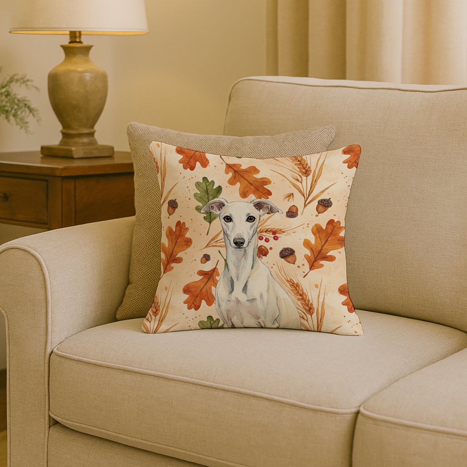 White Whippet Heirloom Fall Decorative Throw Pillow 18x18 Indoor Outdoor Accent Cushion, Fabric Cover with Insert for Sofa, Bed, Porch & Living Room