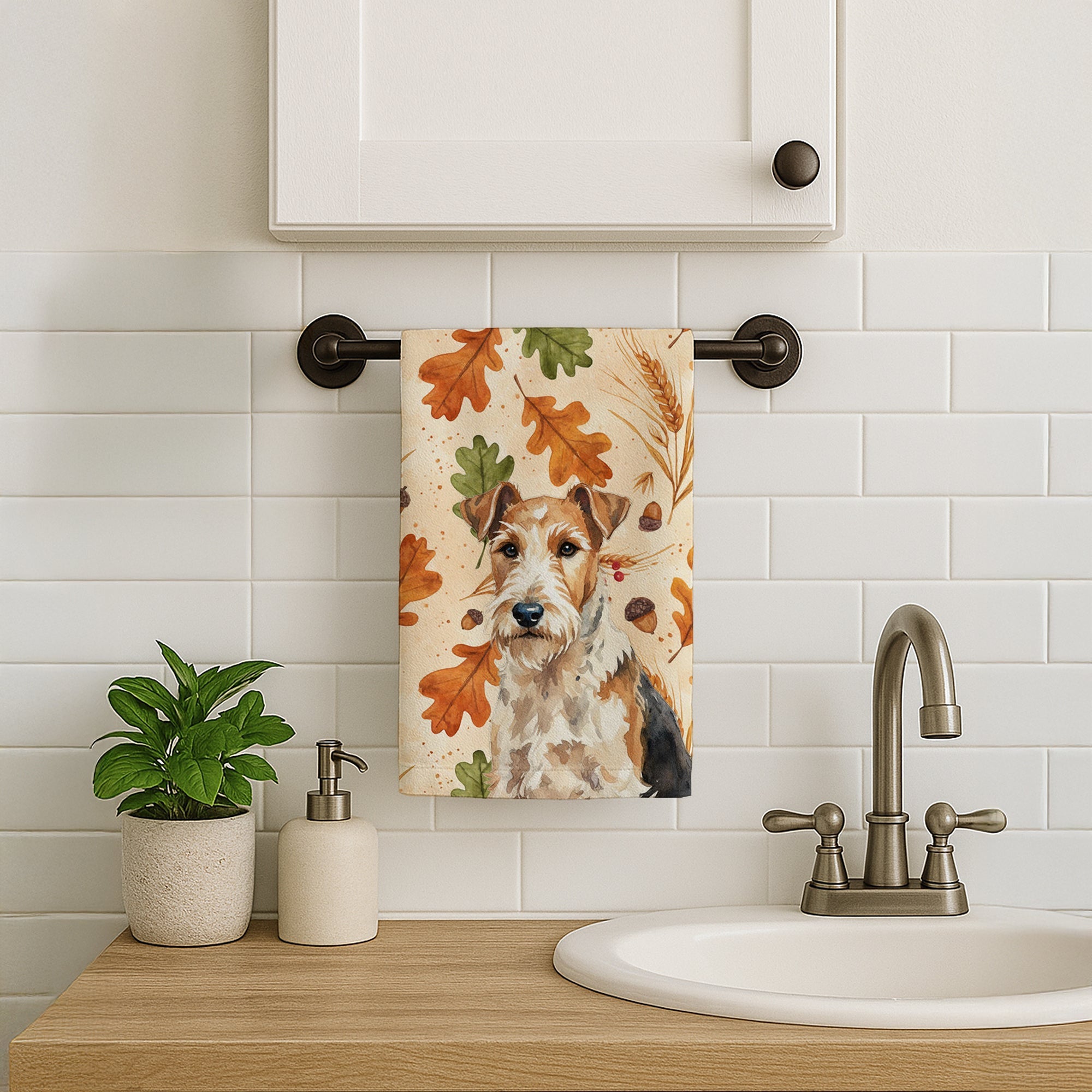 Wire Fox Terrier Heirloom Fall Kitchen Towel Velour Plush Front and Cotton Loop Back Machine Washable