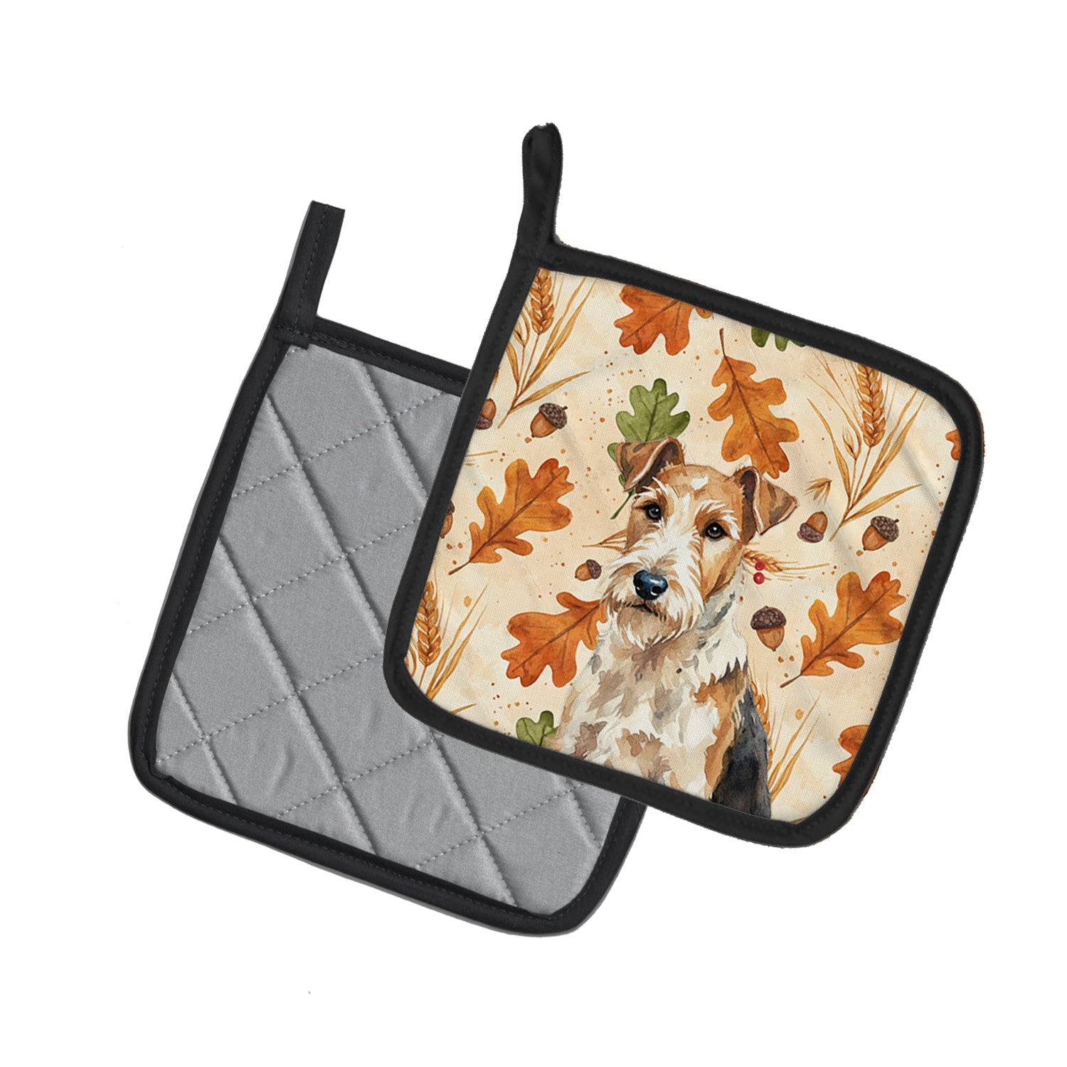 Wire Fox Terrier Heirloom Fall Pot Holder Set of 2 Heat Resistant Quilted Hot Pads 7.5 x 7.5 Inch, Insulated Kitchen Trivets for Cooking & Baking