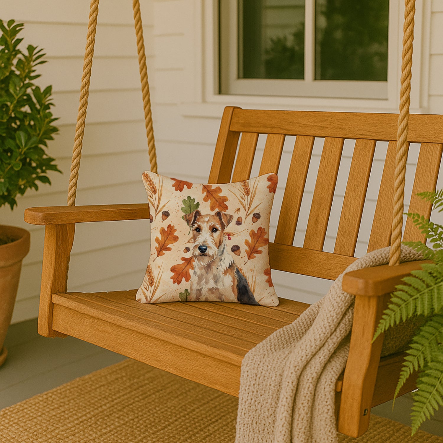Wire Fox Terrier Heirloom Fall Decorative Throw Pillow 14x14 Indoor Outdoor Accent Cushion, Fabric Cover with Insert for Sofa, Bed, Porch & Living Room