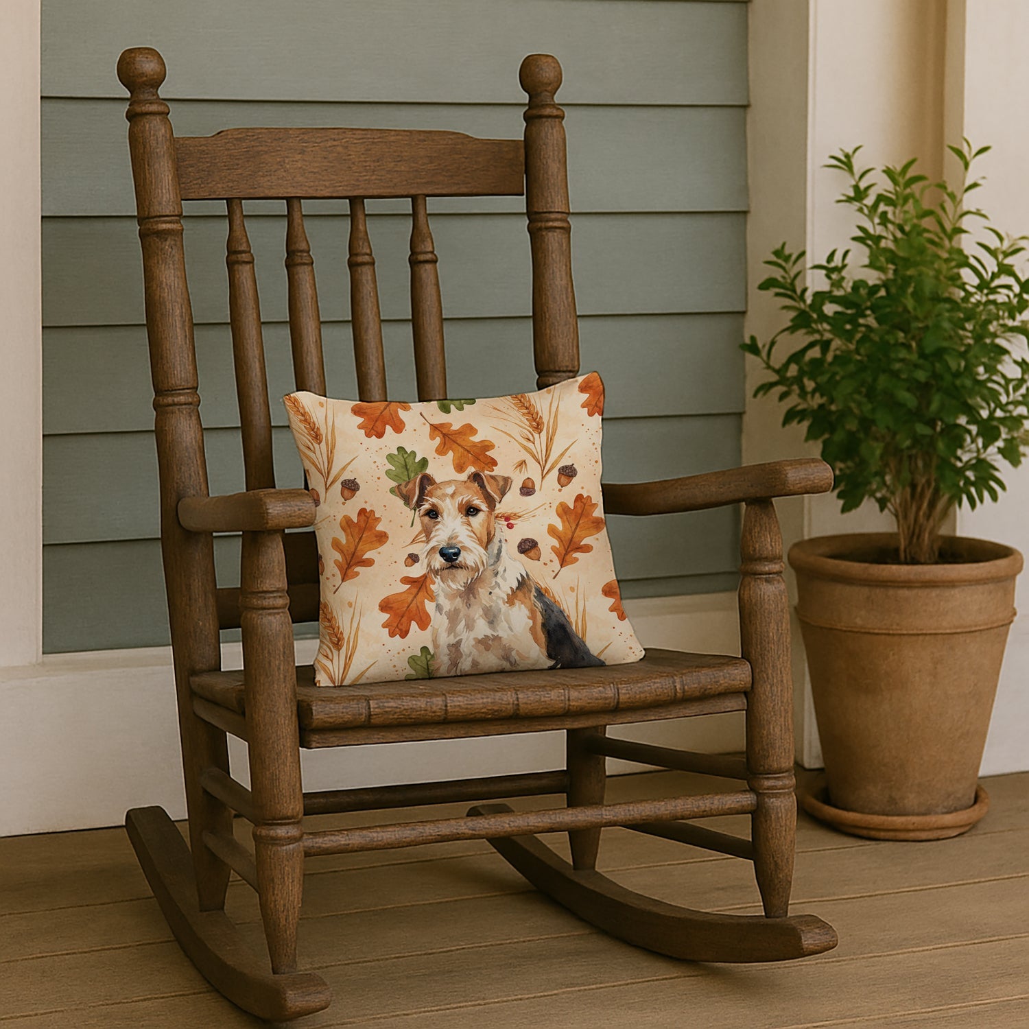 Wire Fox Terrier Heirloom Fall Decorative Throw Pillow 14x14 Indoor Outdoor Accent Cushion, Fabric Cover with Insert for Sofa, Bed, Porch & Living Room