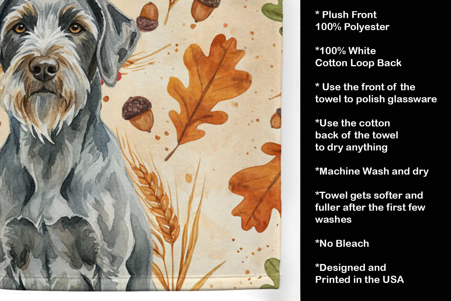 Steel Gray Wirehaired Pointing Griffon Heirloom Fall Kitchen Towel Velour Plush Front and Cotton Loop Back Machine Washable