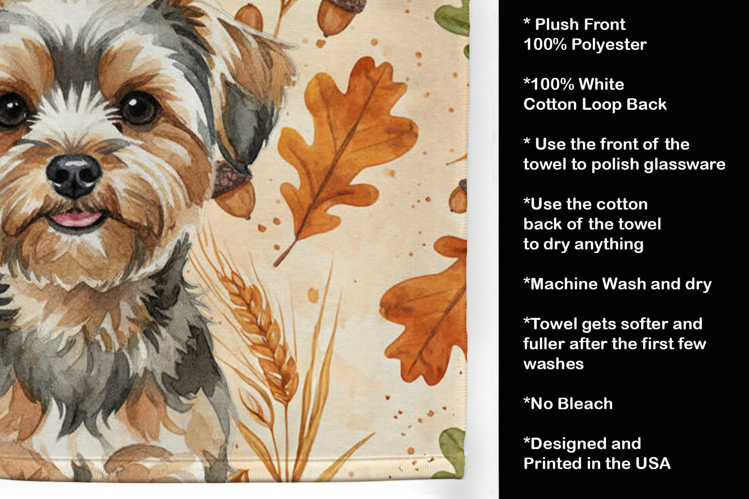 Yorkiepoo Heirloom Fall Kitchen Towel Velour Plush Front and Cotton Loop Back Machine Washable