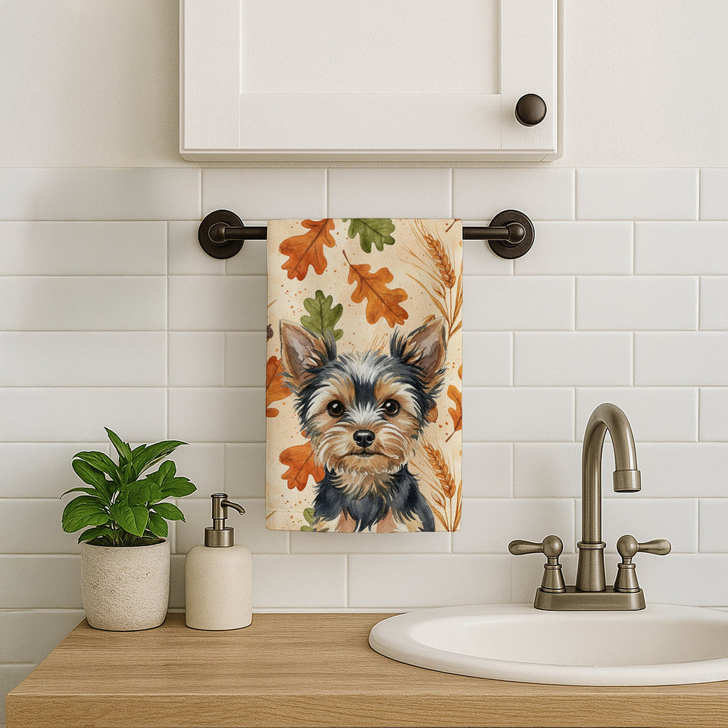 Black and Tan Yorkshire Terrier Heirloom Fall Kitchen Towel Velour Plush Front and Cotton Loop Back Machine Washable