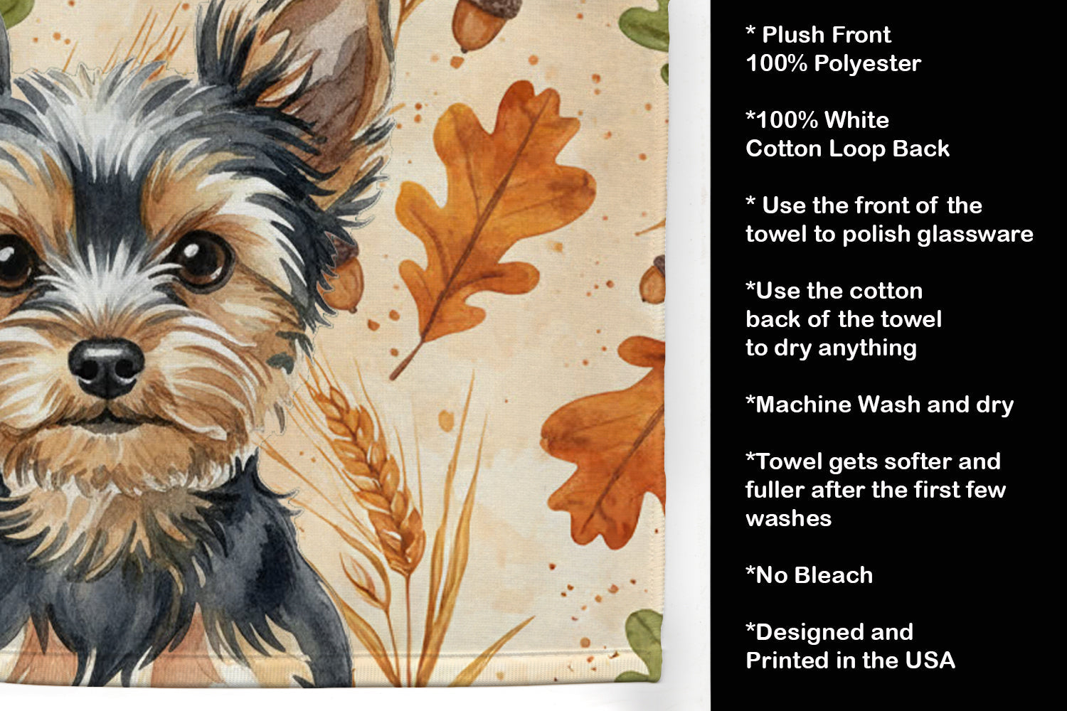 Black and Tan Yorkshire Terrier Heirloom Fall Kitchen Towel Velour Plush Front and Cotton Loop Back Machine Washable